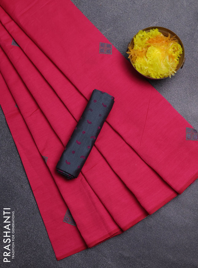 Semi silk cotton saree pink and grey with embroidery buttas in borderless style