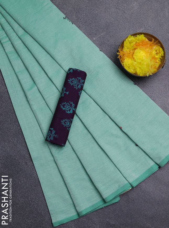 Semi silk cotton saree teal green and purple with embroidery buttas in borderless style