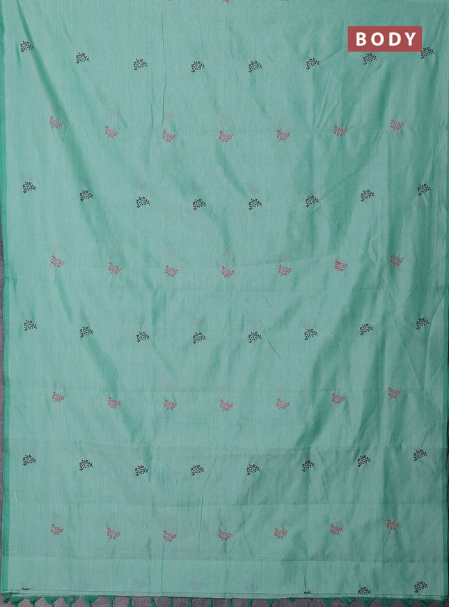 Semi silk cotton saree teal green and purple with embroidery buttas in borderless style
