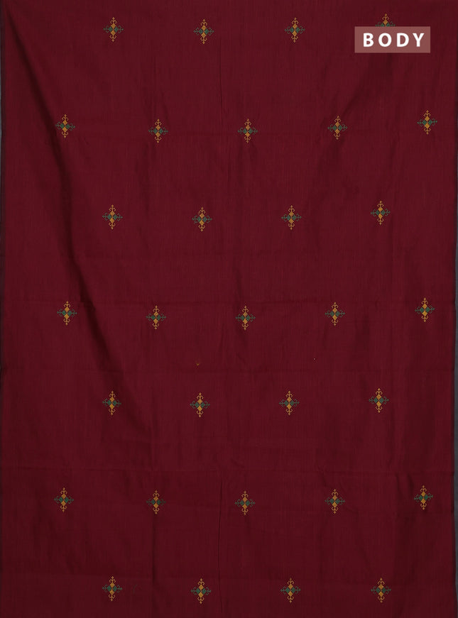 Semi silk cotton saree maroon and dark mustard with embroidery buttas in borderless style