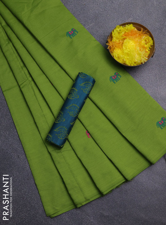 Semi silk cotton saree light green and peacock green with embroidery buttas in borderless style