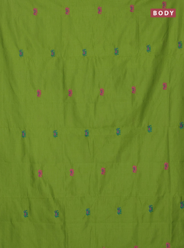 Semi silk cotton saree light green and peacock green with embroidery buttas in borderless style