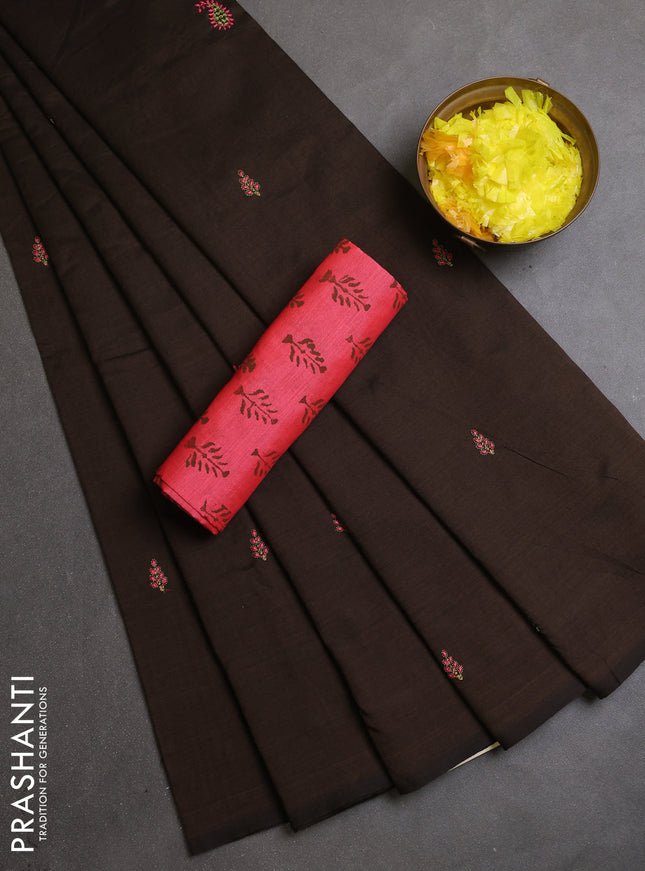 Semi silk cotton saree coffee brown and dual shade of pink with embroidery buttas in borderless style