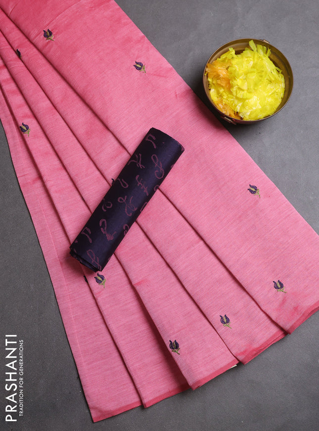 Semi silk cotton saree peach pink and deep navy blue with embroidery buttas in borderless style