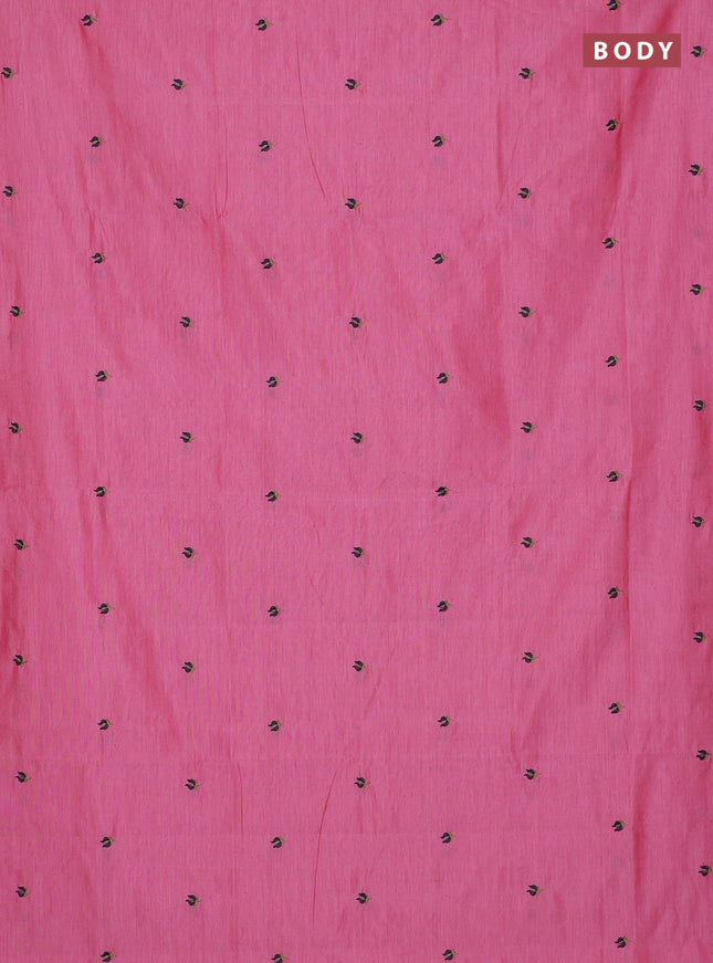 Semi silk cotton saree peach pink and deep navy blue with embroidery buttas in borderless style