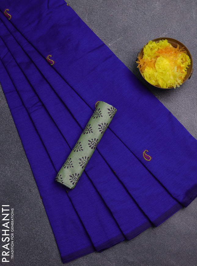 Semi silk cotton saree royal blue and mild pista green with embroidery buttas in borderless style