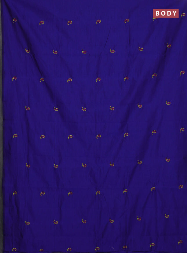 Semi silk cotton saree royal blue and mild pista green with embroidery buttas in borderless style