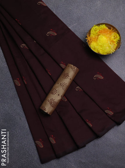 Semi silk cotton saree deep maroon and sandal with embroidery buttas in borderless style