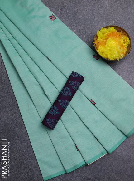 Semi silk cotton saree teal green shade and purple with embroidery buttas in borderless style