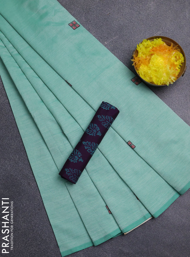 Semi silk cotton saree teal green shade and purple with embroidery buttas in borderless style