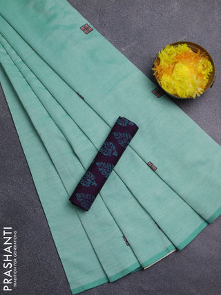 Semi silk cotton saree teal green shade and purple with embroidery buttas in borderless style