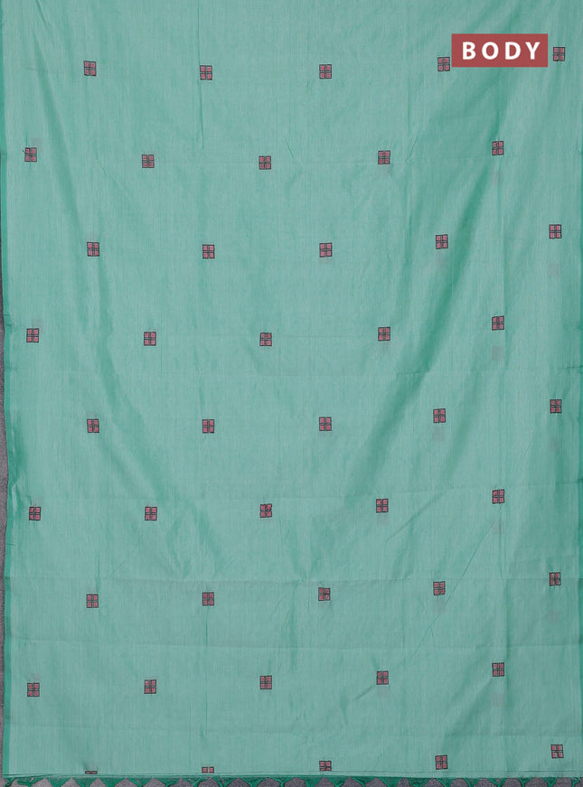 Semi silk cotton saree teal green shade and purple with embroidery buttas in borderless style