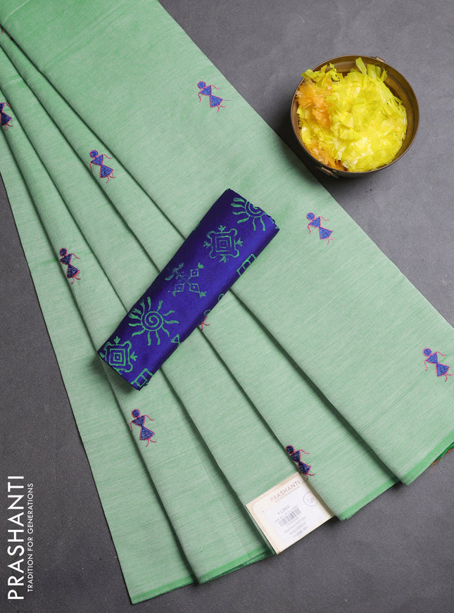 Semi silk cotton saree teal green shade and blue with embroidery buttas in borderless style