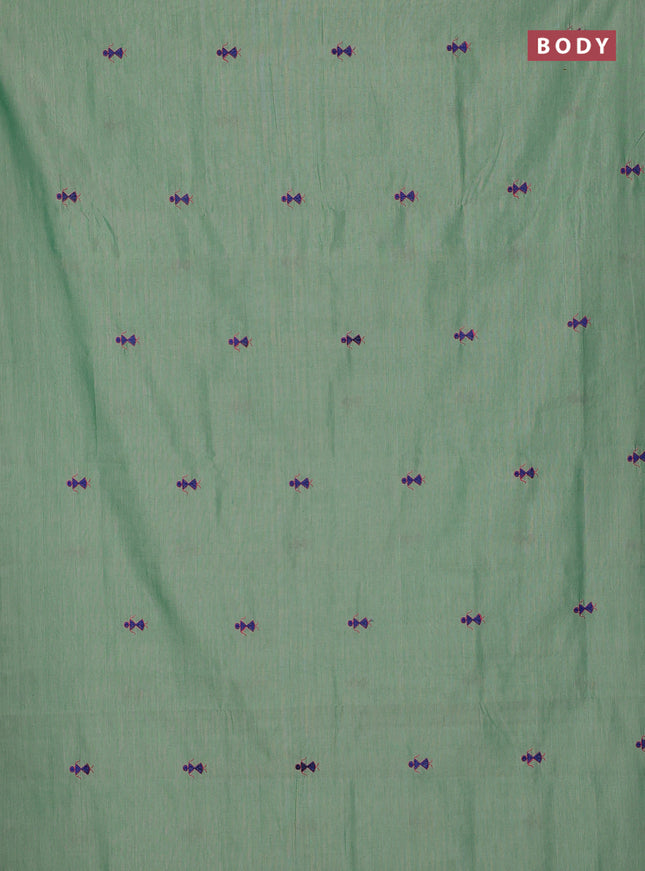 Semi silk cotton saree teal green shade and blue with embroidery buttas in borderless style