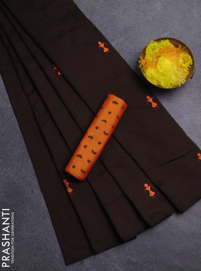 Semi silk cotton saree brown and orange with embroidery buttas in borderless style