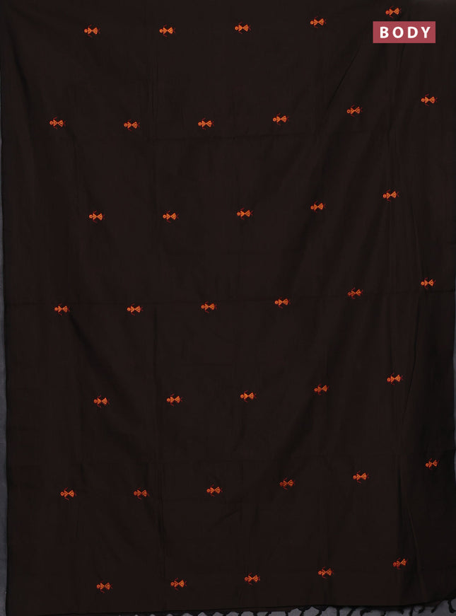Semi silk cotton saree brown and orange with embroidery buttas in borderless style