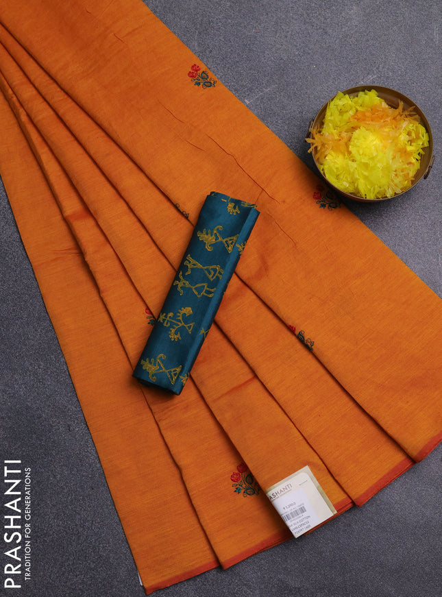 Semi silk cotton saree orange and peacock green with embroidery buttas in borderless style