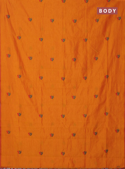 Semi silk cotton saree orange and peacock green with embroidery buttas in borderless style