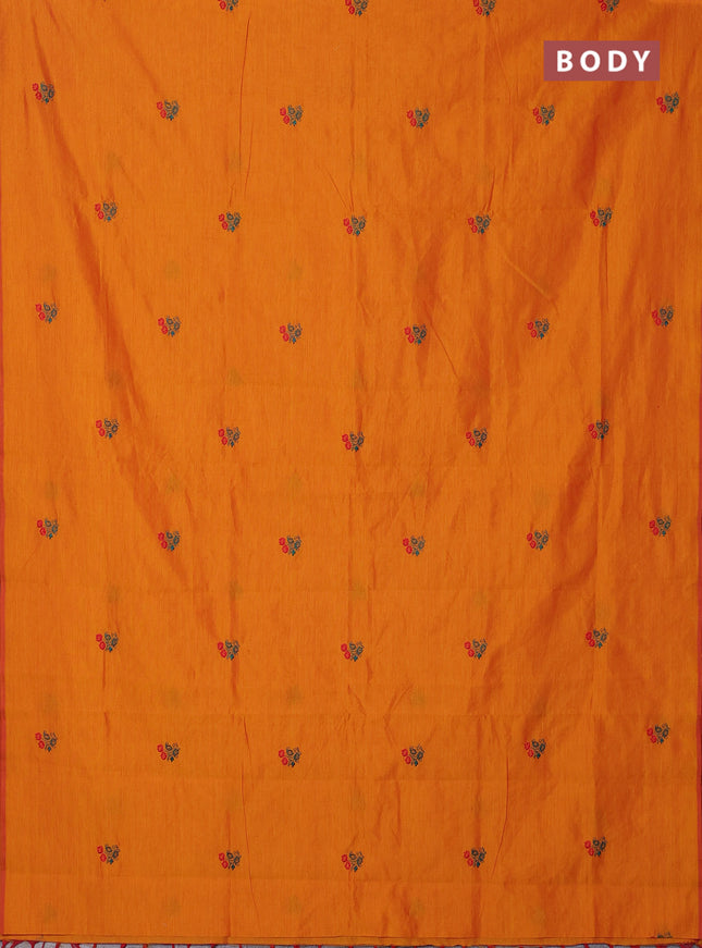 Semi silk cotton saree orange and peacock green with embroidery buttas in borderless style