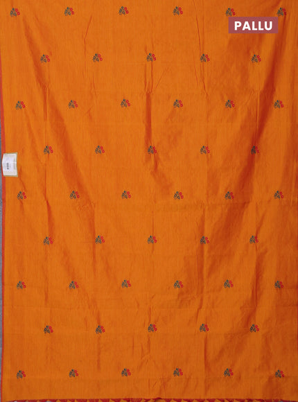 Semi silk cotton saree orange and peacock green with embroidery buttas in borderless style