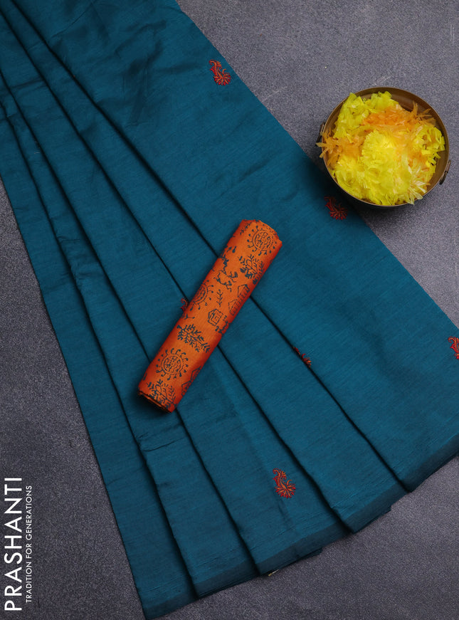 Semi silk cotton saree peacock green and orange with embroidery buttas in borderless style
