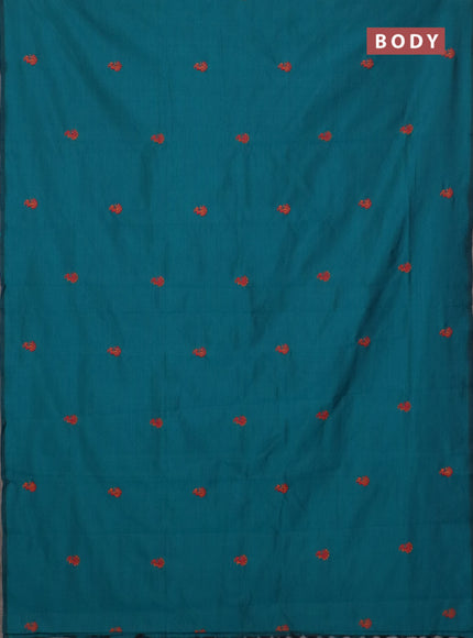 Semi silk cotton saree peacock green and orange with embroidery buttas in borderless style