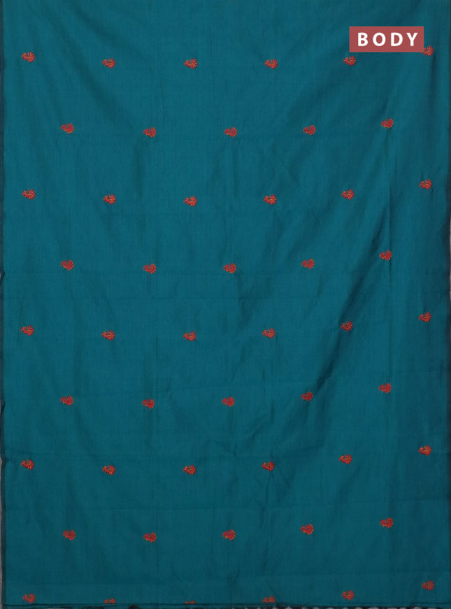 Semi silk cotton saree peacock green and orange with embroidery buttas in borderless style