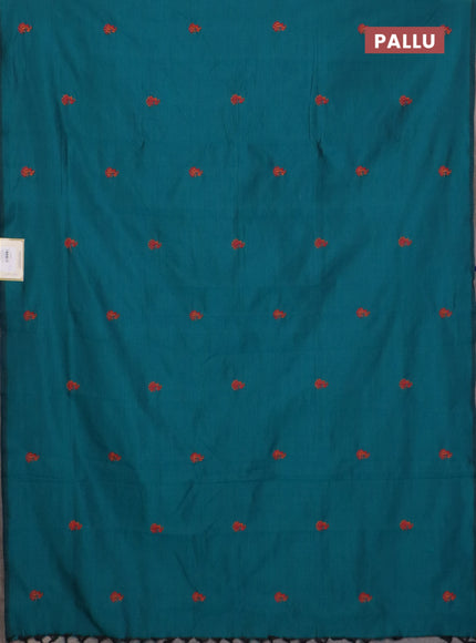 Semi silk cotton saree peacock green and orange with embroidery buttas in borderless style