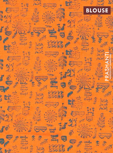 Semi silk cotton saree peacock green and orange with embroidery buttas in borderless style