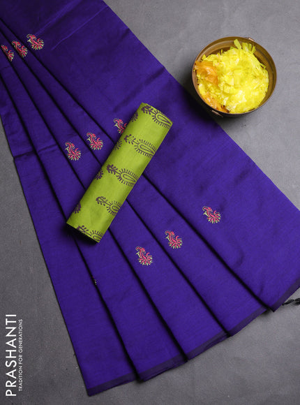 Semi silk cotton saree blue and light green with embroidery buttas in borderless style