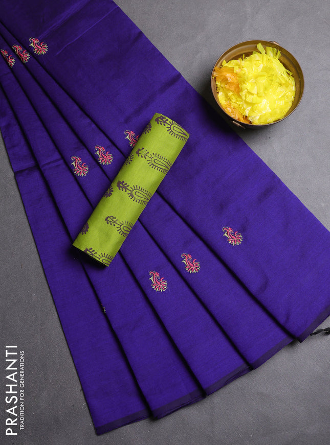 Semi silk cotton saree blue and light green with embroidery buttas in borderless style