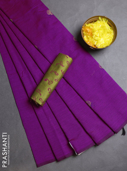 Semi silk cotton saree purple and mehendi green with embroidery buttas in borderless style