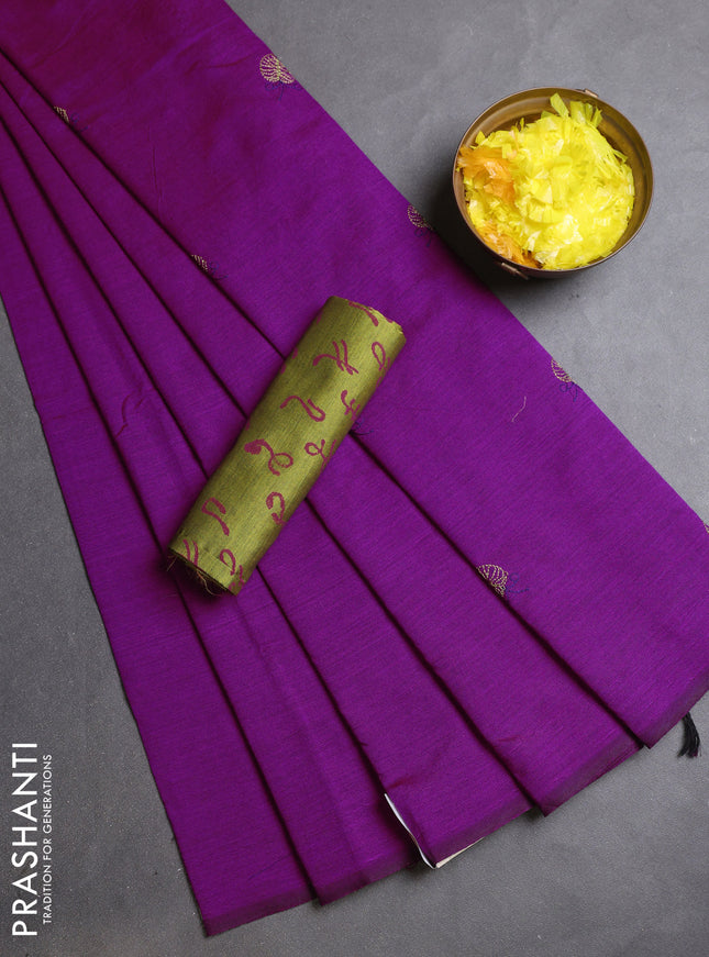 Semi silk cotton saree purple and mehendi green with embroidery buttas in borderless style