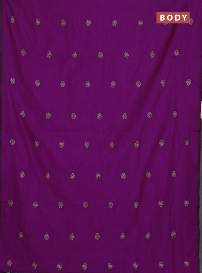 Semi silk cotton saree purple and mehendi green with embroidery buttas in borderless style