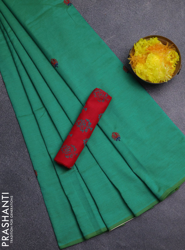 Semi silk cotton saree teal green and red with embroidery buttas in borderless style