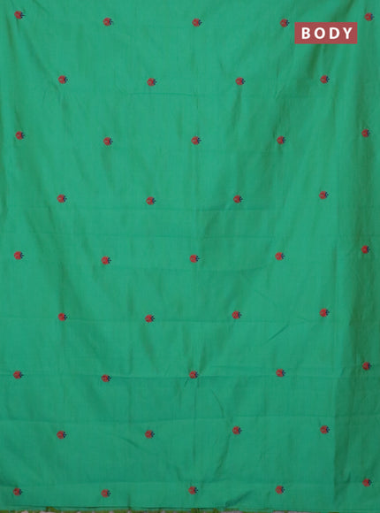 Semi silk cotton saree teal green and red with embroidery buttas in borderless style