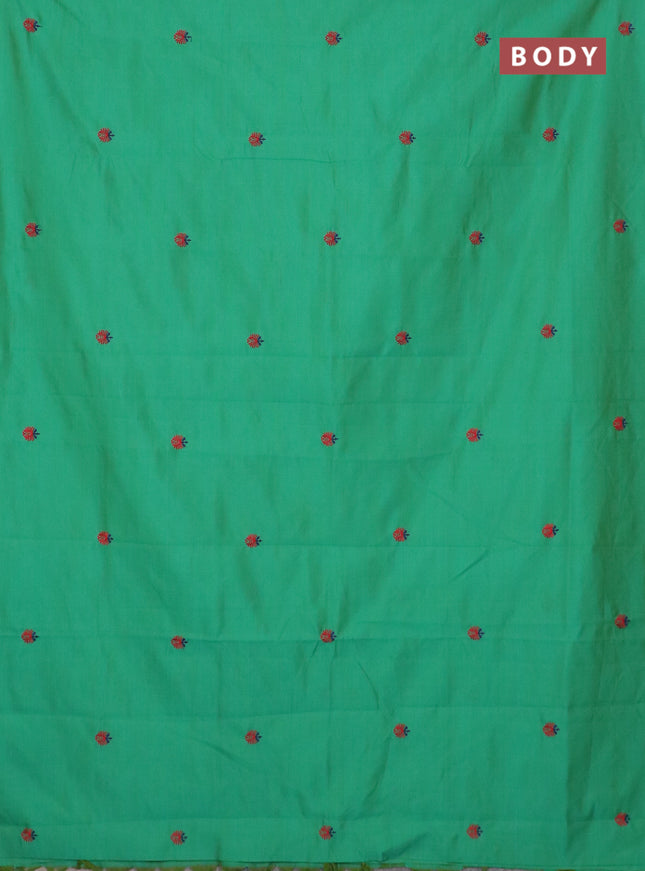 Semi silk cotton saree teal green and red with embroidery buttas in borderless style