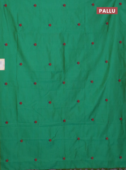 Semi silk cotton saree teal green and red with embroidery buttas in borderless style