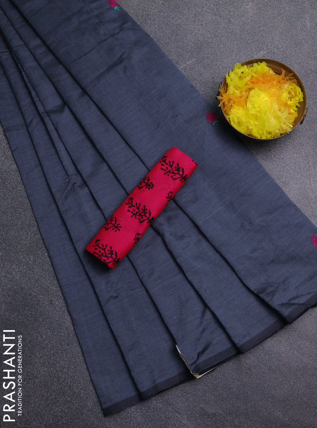 Semi silk cotton saree grey and pink with embroidery buttas in borderless style