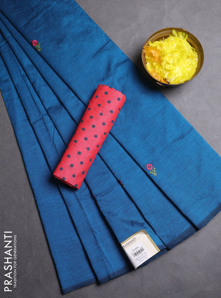 Semi silk cotton saree cs blue and peach pink with embroidery buttas in borderless style