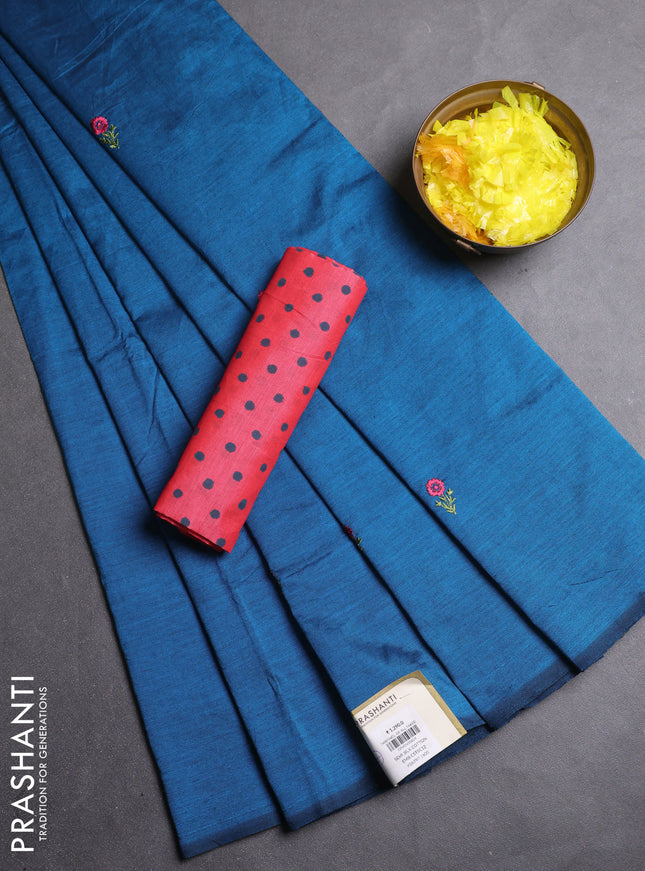 Semi silk cotton saree cs blue and peach pink with embroidery buttas in borderless style