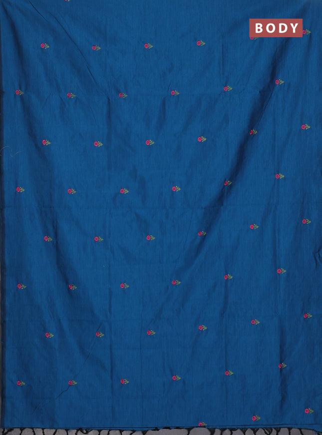 Semi silk cotton saree cs blue and peach pink with embroidery buttas in borderless style