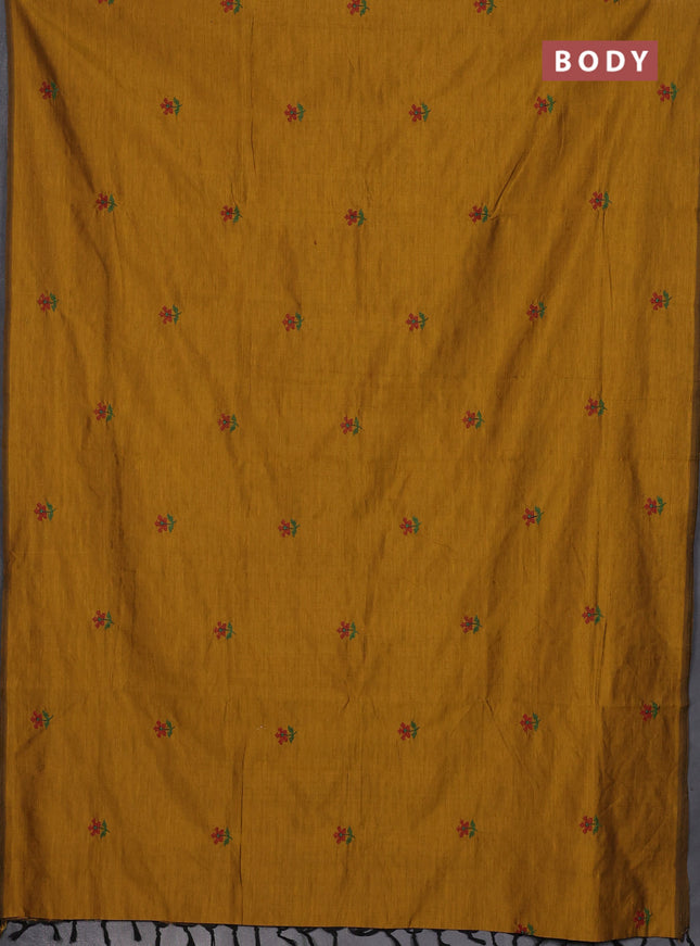 Semi silk cotton saree dark mustard and maroon with embroidery buttas in borderless style