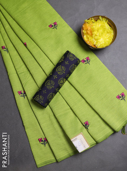 Semi silk cotton saree light green and navy blue with embroidery buttas in borderless style