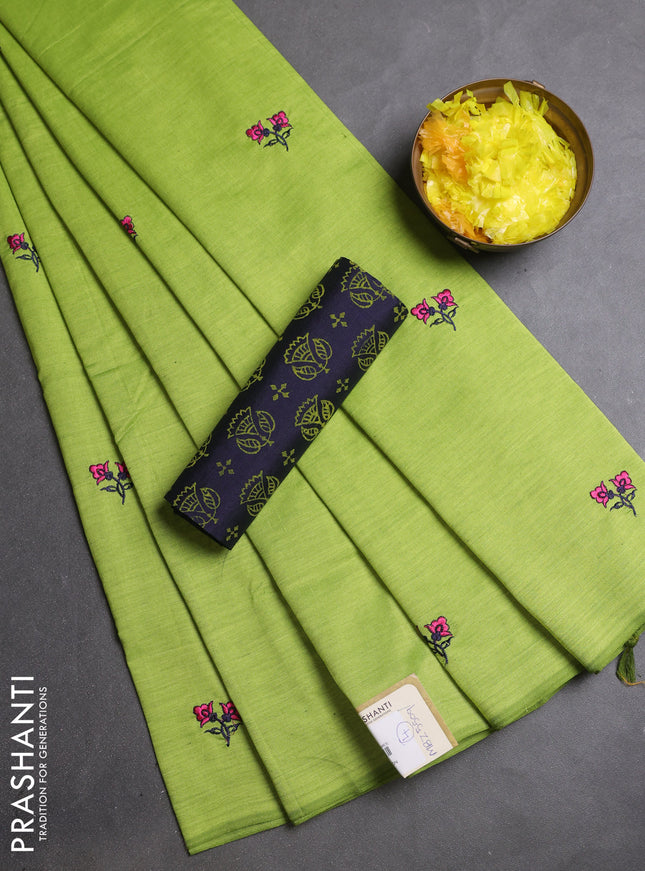 Semi silk cotton saree light green and navy blue with embroidery buttas in borderless style