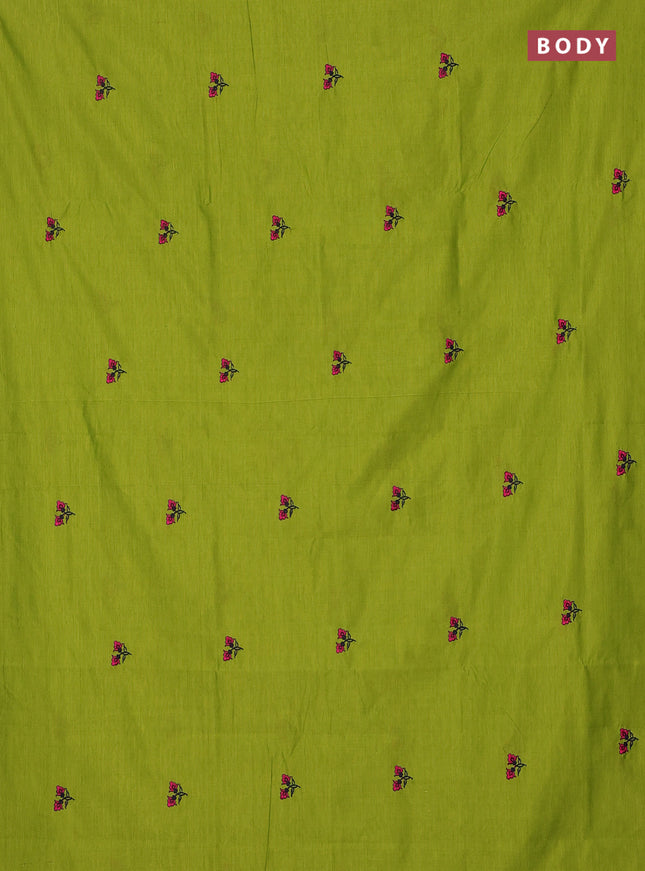 Semi silk cotton saree light green and navy blue with embroidery buttas in borderless style