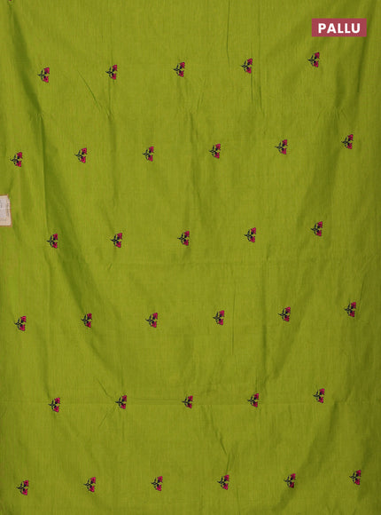 Semi silk cotton saree light green and navy blue with embroidery buttas in borderless style