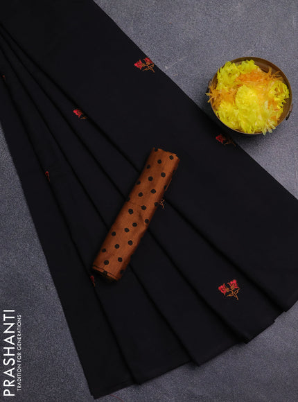 Semi silk cotton saree black and dark mustard with embroidery buttas in borderless style