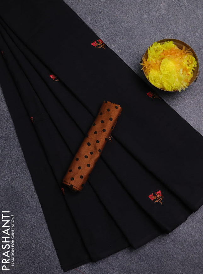Semi silk cotton saree black and dark mustard with embroidery buttas in borderless style