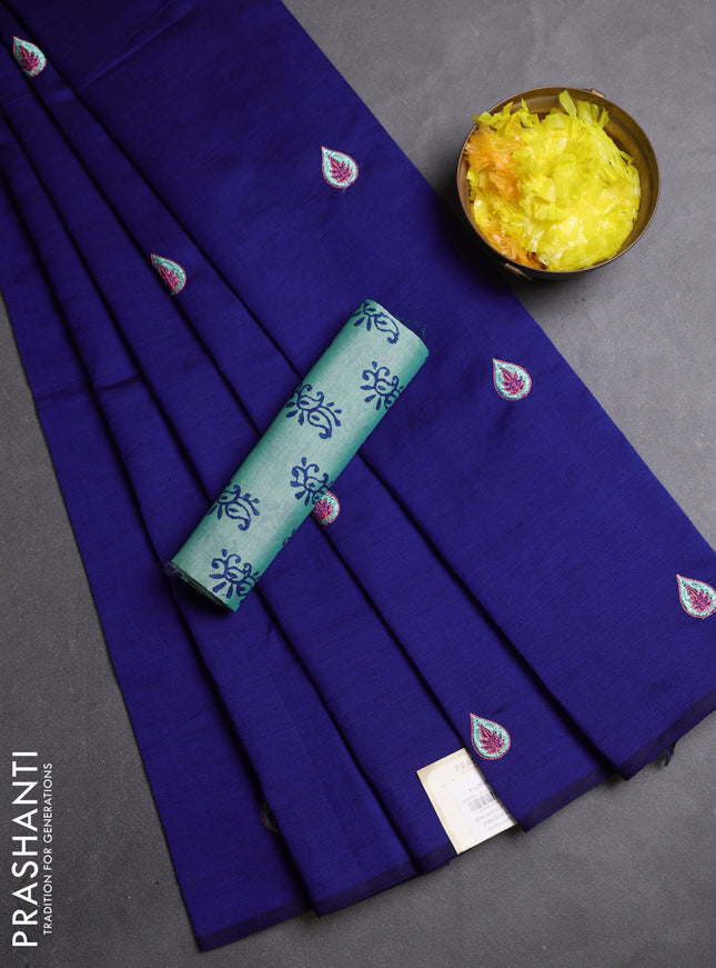 Semi silk cotton saree blue and teal green with embroidery buttas in borderless style